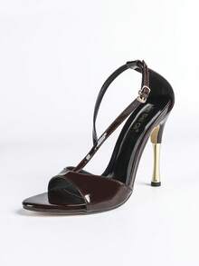 Jin Bei Qi 女士尖头极简单带搭扣亮面皮革舒适高端夜店晚宴户外活动细高跟凉鞋，优雅奢华时尚性感高端社交聚会派对棕色高跟鞋，适合所有季节 - 棕色 - 查看 9