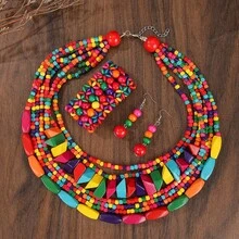 1 Set Handmade Multi-Layer Exaggerated Wooden Bead Necklace, Boho Style Bib Necklace For Women, Suitable For Beach, Party, Middle Eastern Formal Occasions, Colorful Necklace & Earrings & Bracelet Jewelry Set - Color 1 - View 4