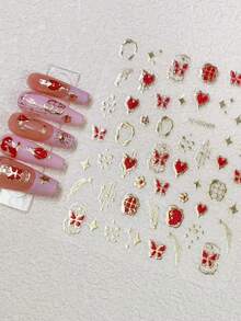 1pc Gold & Red Love Star Moon Totems Nail Art Stickers 5D Valentine's Day Glitter Heart/Red Lip/Bow Nail Decal Manicure Supplies - Multicolor - View 13