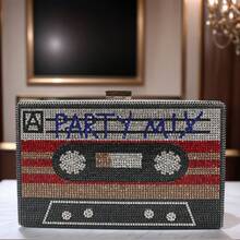 Women Retro Radio Tape-Shape Rhinestone Clutch Purse Vintage Crystal Evening Handbag Party Cocktail Shoulder Bag - 紅色 - 查看 1