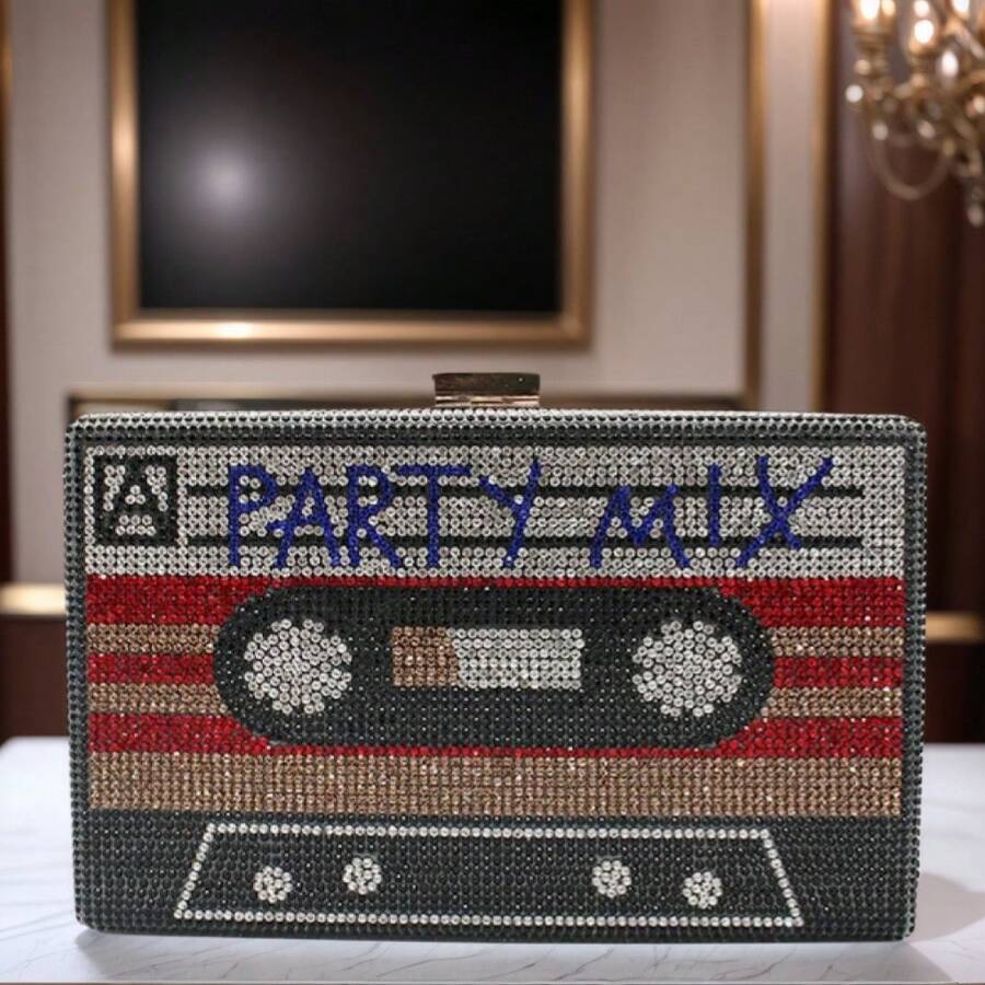 Women Retro Radio Tape-Shape Rhinestone Clutch Purse Vintage Crystal Evening Handbag Party Cocktail Shoulder Bag - 紅色 - 查看 1
