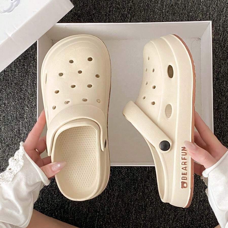 休闲透气镂空平底拖鞋，耐磨室内家居沙滩拖鞋，春夏款 - 卡其色 - 查看 1