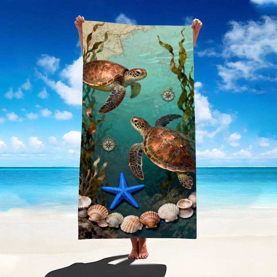 1条超大尺寸海龟图案沙滩巾，超强吸水超细纤维沙滩毯，适用于沙滩、泳池、旅行、露营、瑜伽