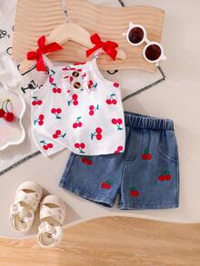 Baby Girl Summer Casual Cherry Print Button Ruffle Decor 3D Bow Strap Cropped Tank Top And Cherry Embroidered Denim Shorts Set - White - View 2