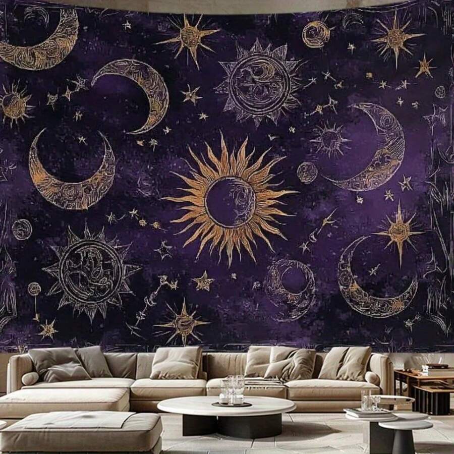 1pc VIKAMA Vintage Starry Sky Tapestry, Sun Moon Star Pattern, Living Room Sofa Backdrop Wall Hanging, Boho Style Room Decor - Multicolor - View 1