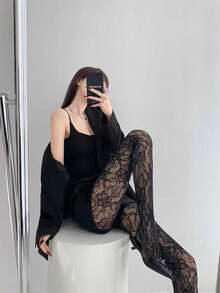 French Retro Lace Hollow Fishnet Tights - Office/Party Slim-Fit Black Silk - Multicolor - View 8