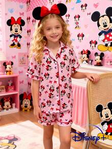 Disney Bộ áo và quần short tay ngắn in hình chuột Minnie và trái tim dễ thương dành cho bé gái tuổi teen, được cấp phép chính thức, thích hợp cho trang phục thường ngày mùa hè trong nhà, ngoài trời và dự tiệc. - Hồng - Xem 1