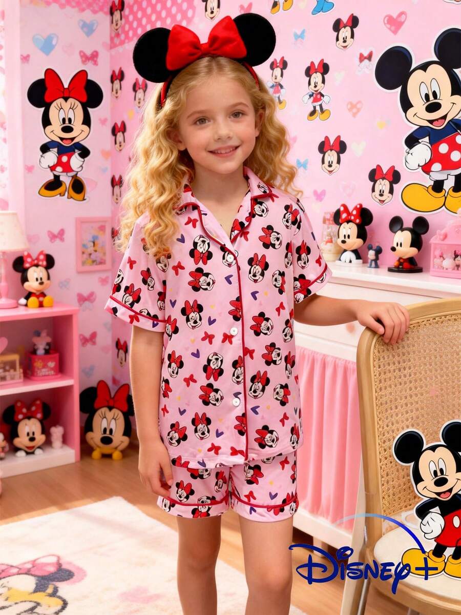 Disney Bộ áo và quần short tay ngắn in hình chuột Minnie và trái tim dễ thương dành cho bé gái tuổi teen, được cấp phép chính thức, thích hợp cho trang phục thường ngày mùa hè trong nhà, ngoài trời và dự tiệc. - Hồng - Xem 1