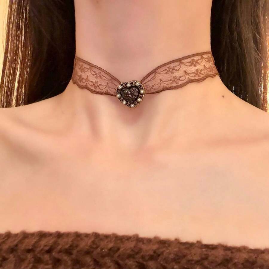 Vintage Coffee Color Heart Lace Choker Necklace For Women Autumn Winter Pure Desire Style Neck Chain AccessoryElegant And Exquisite In Design, Suitable For Daily Wear Or Dating Occasions, With Excellent Wearing Effect. - 項鍊1522 - 查看 1