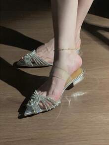 女士水钻装饰交叉绑带露趾高跟凉鞋，时尚细高跟，适合各种场合 - 銀色 - 查看 3