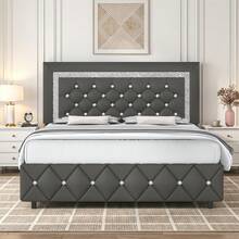 Twin/ Full/ Queen/ King Size Bed Frame, Upholstered Bed Frame With Diamond Headboard And Footboard, Pearl White/ Beige/ Black/ Grey/ Pink/ Purple/ Green - Xám - Xem 1