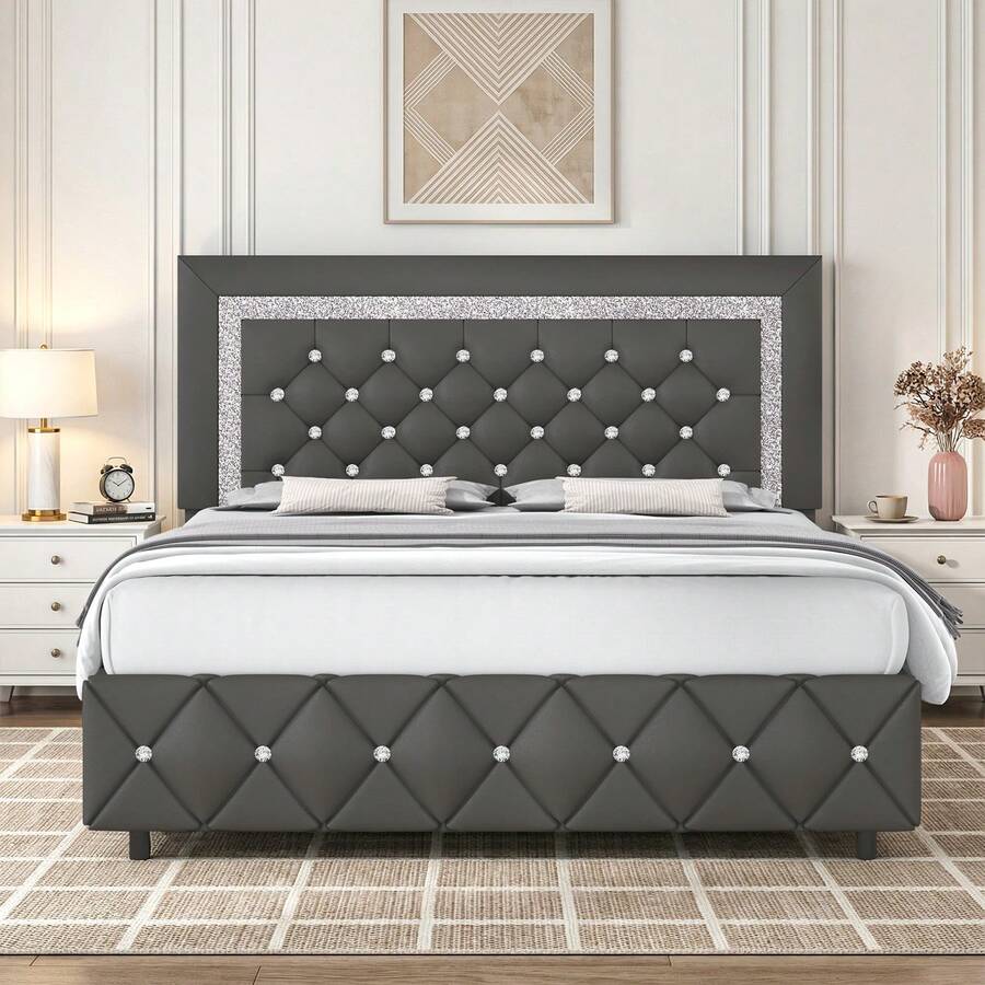Twin/ Full/ Queen/ King Size Bed Frame, Upholstered Bed Frame With Diamond Headboard And Footboard, Pearl White/ Beige/ Black/ Grey/ Pink/ Purple/ Green - Xám - Xem 1