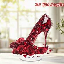 Decoração de Mesa Acrílica Plana e Giratória - Saltos Altos Vermelhos com Cristais Cintilantes, Rosas e Corações - Decoração de Sapato Giratório 2D para Presente do Dia dos Namorados, Acessório de Moda Adequado para Casa e Escritório, Sem Necessidade de Eletricidade, Plano 2D - Multicolorido - Visão 5