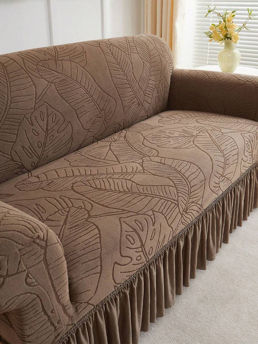 1 pièce Housse de canapé extensible à motif de feuilles jacquard, anti-poussière et anti-salissure, protecteur de canapé à couverture complète élastique, décoration d'intérieur, lavable en machine, housse de coussin non incluse - Marron - Voir 1