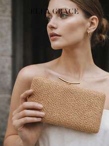 ELLA GRACE - 女士编织晚宴手拿包，优雅硬壳手提包，配金属扣，派对手提包，女士包袋，女士礼品 - 杏色 - 查看 5