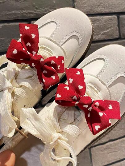 2pcs Fabric Bow Heart Detachable DIY Shoe Decorations, Cute & Fashionable Shoe Clips Suitable For Valentines, Casual Shoes, Sports Shoes, Party, Wedding Occasions