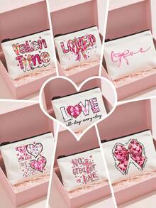 1/2个可爱爱心帆布手提袋，单面印花，可重复使用购物袋，大容量，帆布材质，爱心礼物，情人节礼物，浪漫情人节礼物，休闲风格 - 彩色 - 查看 3