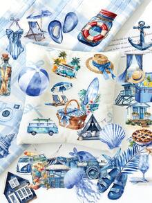 50pcs Summer Beach Creative Waterproof Stickers, Blue Stickers Suitable For Laptop, Skateboard, Guitar, Fridge, Luggage, Helmet, Bumper, Phone, Tablet, Birthday, Party, Valentine's Day, Christmas And Other Holiday Gifts - Multicolor - View 1