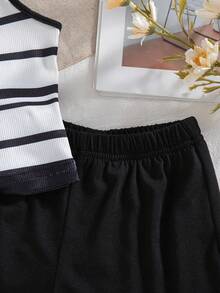 2pcs Girls Casual Striped Heart Print Sleeveless Top And Shorts Set, Summer - Black - View 8