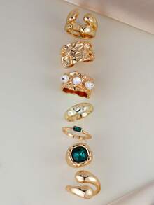 7件套不对称水钻镶嵌开口戒指套装，超大仿宝石戒指，适合女性日常、约会、派对、音乐节叠戴