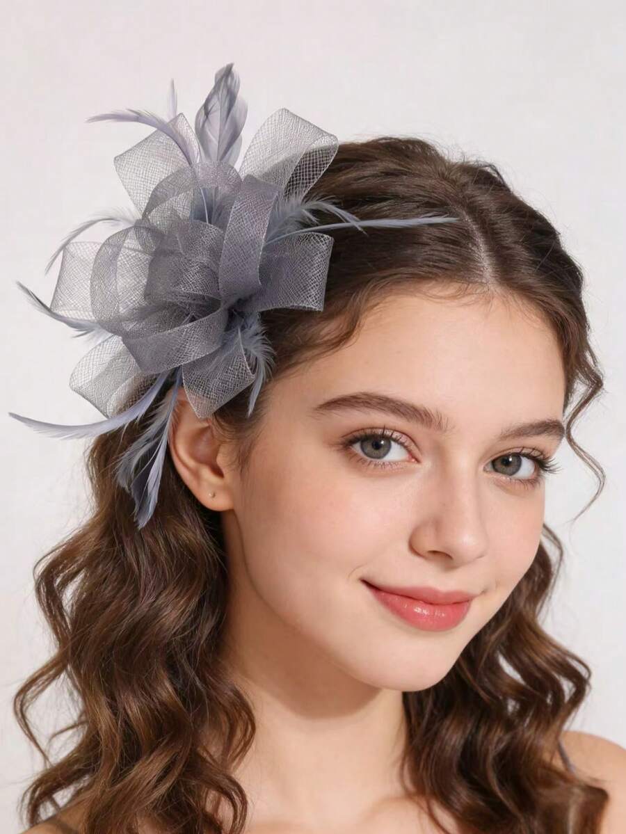 1pc Women's Charming Hat, Flower Mesh Ribbon Feather Hair Clip, Tea Party Headpiece, Suitable For Attending Cocktail Party, Church Wedding, And Kentucky Derby - 62126 Silver Gray - View 1