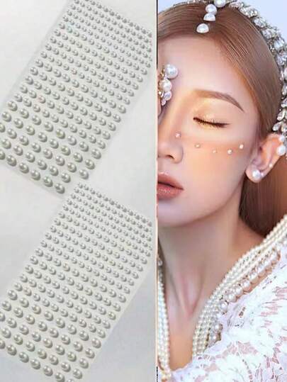 2pcs White Pearl & Rhinestone Face Decor Stickers, Eye Corner Gems Makeup Accessories, Bouquet Decor Pearls, Suitable For Stage Performance, Photography, Self-Adhesive, Easy To Use