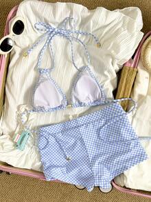 Women's Retro Plaid Print Sexy Bikini Set, Light Blue High Waist Bottoms, Gym Wear, New Year Outfit, Short Bikini/Outerwear Set/Casual/Millennium/Western Style/Nightclub/Beach Swimwear - Blue - View 6