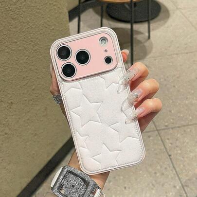 1个粉色3D立体星星可爱皮革摄像头保护手机壳，兼容 17 Pro Max、17 Pro、Air、16、15、14、13、12、11 Pro Max Plus，可爱少女软TPU后盖