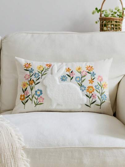 1件复活节兔子刺绣枕套，春季花卉图案抱枕套，适合室内装饰，春夏枕套，不含枕芯