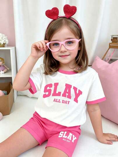 Young Girl Summer Casual Daily Commute School Sports Style Letter Print Ringer T-Shirt And Shorts Set