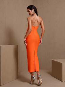 Damen Strass-verziertes figurbetontes elegantes Abendkleid - Koralle Orange - Übersicht 2