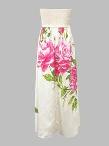 露肩印花收腰无袖连衣裙，适合休闲、度假、派对、正式晚宴等场合。 - 杏色 - 查看 8