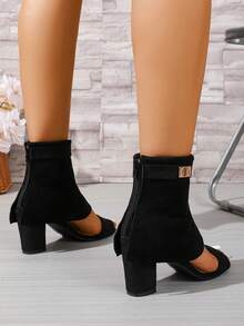 女士粗跟露趾踝靴，新款春夏高跟黑色裤筒凉鞋，时尚百搭露趾靴，女士夏季露趾靴，仿麂皮夏季凉鞋靴 - 黑色 - 查看 4