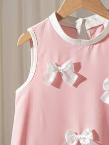 Girls' Casual Solid Color Sleeveless Knee-Length Dress With 3D Bow Decor And Keyhole Back, Suitable For Spring/Summer - Pink - View 6