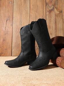 Women's Western Cowboy Embroidered Mid Calf Boots Square Toe  Chunky Low Heel For Country Music Festivals Theme Party And Concert All-Season Black Boots - Black - View 7