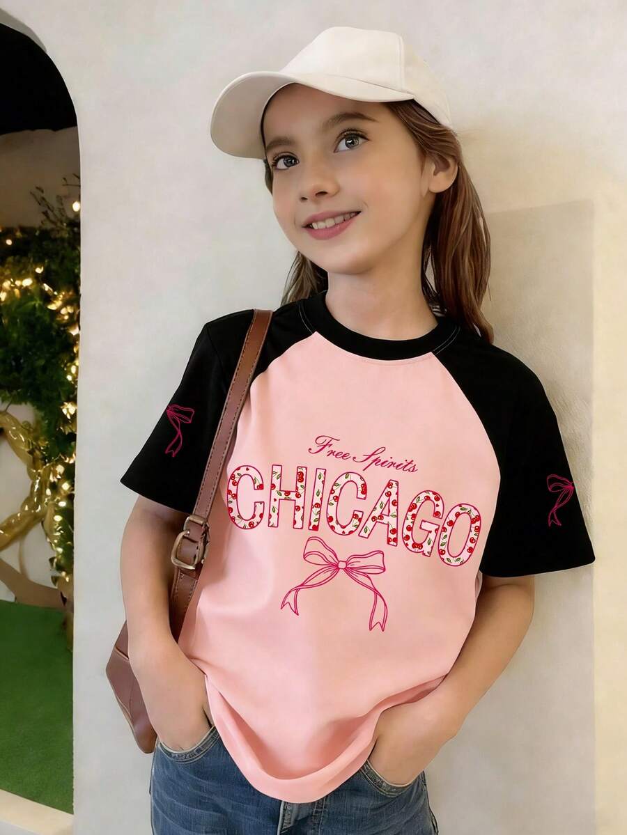 Girls' Casual Chicago Style Letter, Butterfly, Cherry Print Round Neck Short Sleeve T-Shirt, Black & Pink, Summer/Spring New Arrival - Pink - View 1