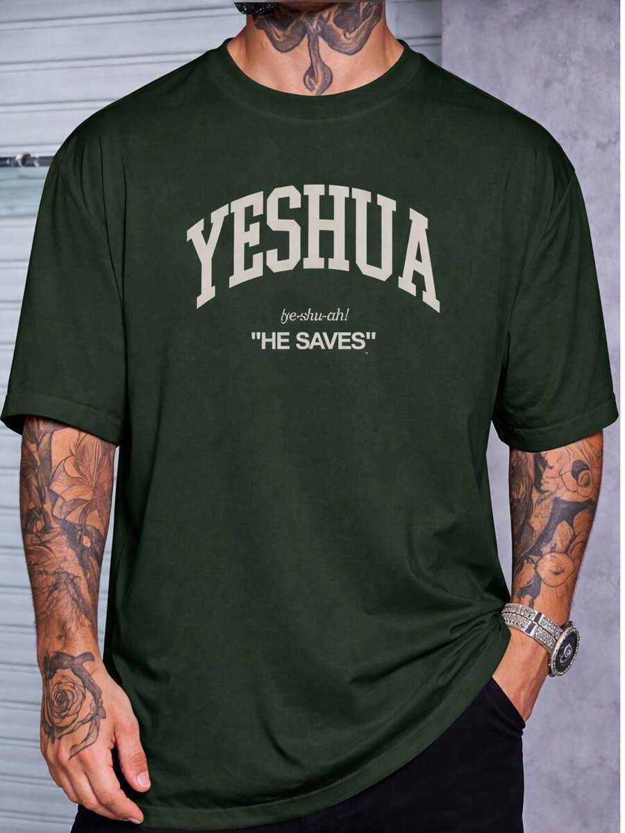 Men's  Yeshua Cotton Shirt With Crew Neck And Print - Army Green - View 1