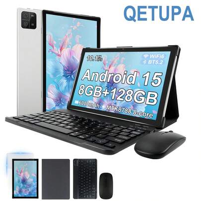 Qetupa Pad6 แท็บเล็ตพีซี Android 15 ขนาด 10.1 นิ้ว มาพร้อมเคสป้องกัน, ฟิล์มกันรอย HD, เมาส์และคีย์บอร์ด, RAM 4GB + พื้นที่จัดเก็บข้อมูล 64GB (ขยายได้ถึง 1TB ผ่านการ์ด MicroSD), ขับเคลื่อนโดยโปรเซสเซอร์ MTK8788 Octa-Core 2.0GHz, หน้าจอสัมผัส HD (1280x800) IPS, กล้องหน้า 5MP และกล้องหลัง 13MP, แบตเตอรี่ใช้งานได้ยาวนาน 6000mAh, รองรับ 802.11ax Wi-Fi 6 (2.4G+5G), Bluetooth 5.2 และ GPS