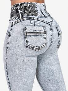 1pc Casual High Waist Skinny Washed Denim Jeans - Blue - View 1