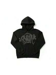 Black Zip-Up Hoodie With Streetwear Print, Unisex - Black and Graphite - View 7