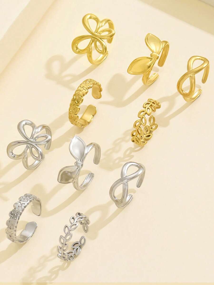 5pcs/Set Cincin Stainless Steel Berlapis Emas 18K Bentuk Bunga Lucu, Kupu-kupu, Telinga Kelinci, Dapat Diatur, Hadiah untuk Wanita - Butterfly - View 1