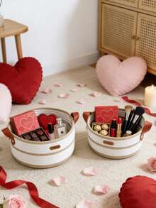 New Round Woven Storage Basket With Leather Handles, Ins Style Desktop Organizer Basket For Cosmetics, Toys, Suitable For Living Room, Bedroom, Versatile Storage Basket, Ideal For Valentine's Day Gift - Multicolor - View 2