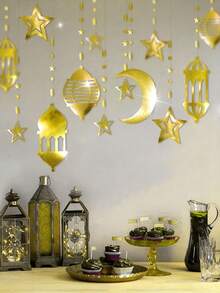 8pcs Of A Set | Gold Star Moon Lantern Garland Mawlid Moroccan Party Decoration Ramadan Streamers For Arabian Nights Ramadan Mubarak Eid Party Decor Hanging Lesser Bairam Islam Celestial Banner Pack Of 8, Home Decor, Room Decor - Multicolor - View 3