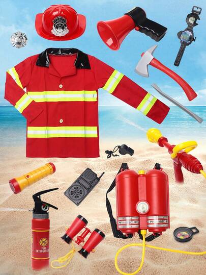 儿童消防员角色扮演套装，配备逼真的消防配件：水雾灭火器、背包式消防水带、手电筒、扩音器、手表、消防斧、消防员制服、消防队徽章。这款消防员角色扮演玩具适合3岁及以上的男孩女孩，是舞台表演、角色扮演游戏、生日礼物和节日礼物的理想之选。