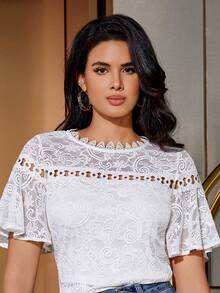 MIUSOL White Floral Lace Flare Sleeve Round Neck Fitted Blouse, Spring/Summer, Ruffle Trim Sleeve Top - White - View 9