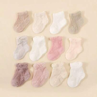 12双新生儿舒适透气儿童袜，多功能多色蝴蝶结设计婴儿袜