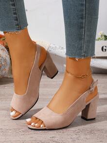 9cm Thick Heel Women's Classic Peep Toe Sandals With Ankle Strap, Faux Suede Material, High Quality