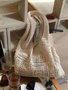 Minimalist Crochet Hollow Design Bag, Travel/Study Bag, Large Capacity, Portable, Suitable For Teenage Girls, Women, College Students, Office Ladies, Perfect For Work, Back To School, Middle School, High School, University, Vacation And Various Occasions , Crochet, Holiday - Beige - View 10