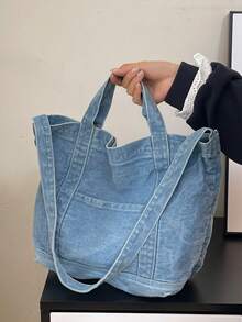 New Denim Fabric Women's Fashion Tote Bag, Large Capacity For Daily Casual, Commuting, Travel - Baby Blue - View 3
