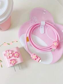 5件套粉色樱花图案充电器/数据线保护套，适用于1.5米充电线和数据线，防断绕线器，兼容 12/13/14和20W快充，数据线整理器，防断线，TPU充电器保护套